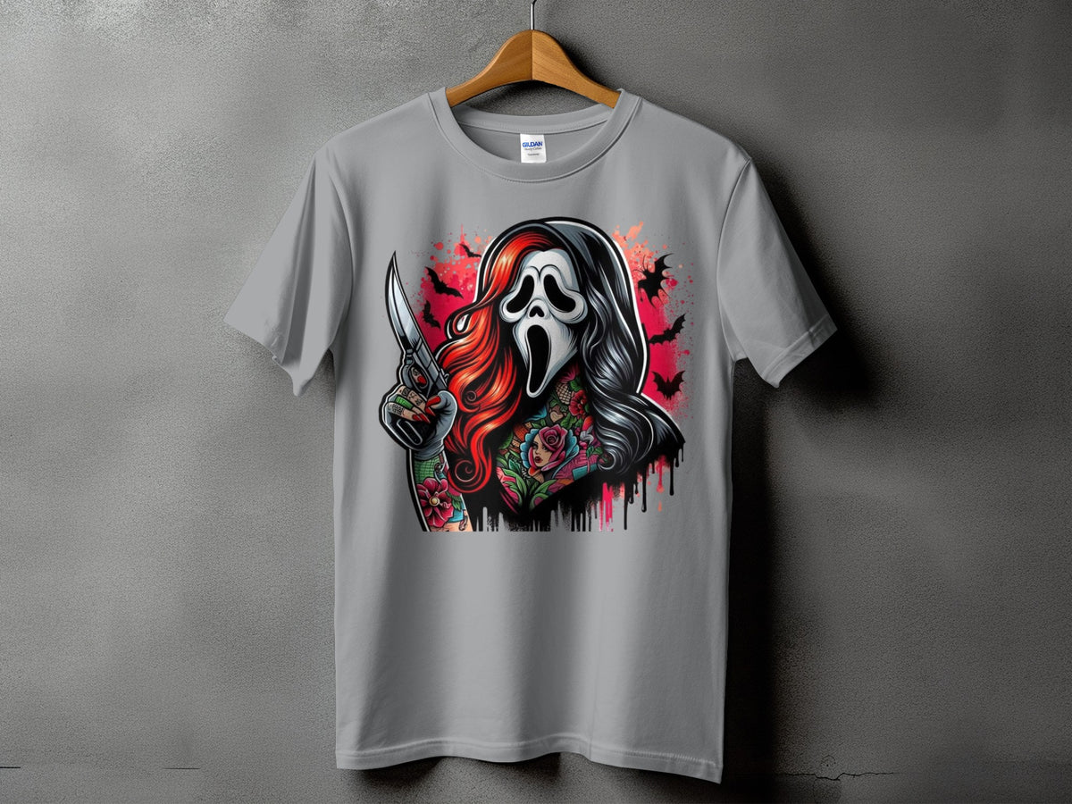 Grey t-shirt with Ghostface mask, knife, bats, and floral tattoos.