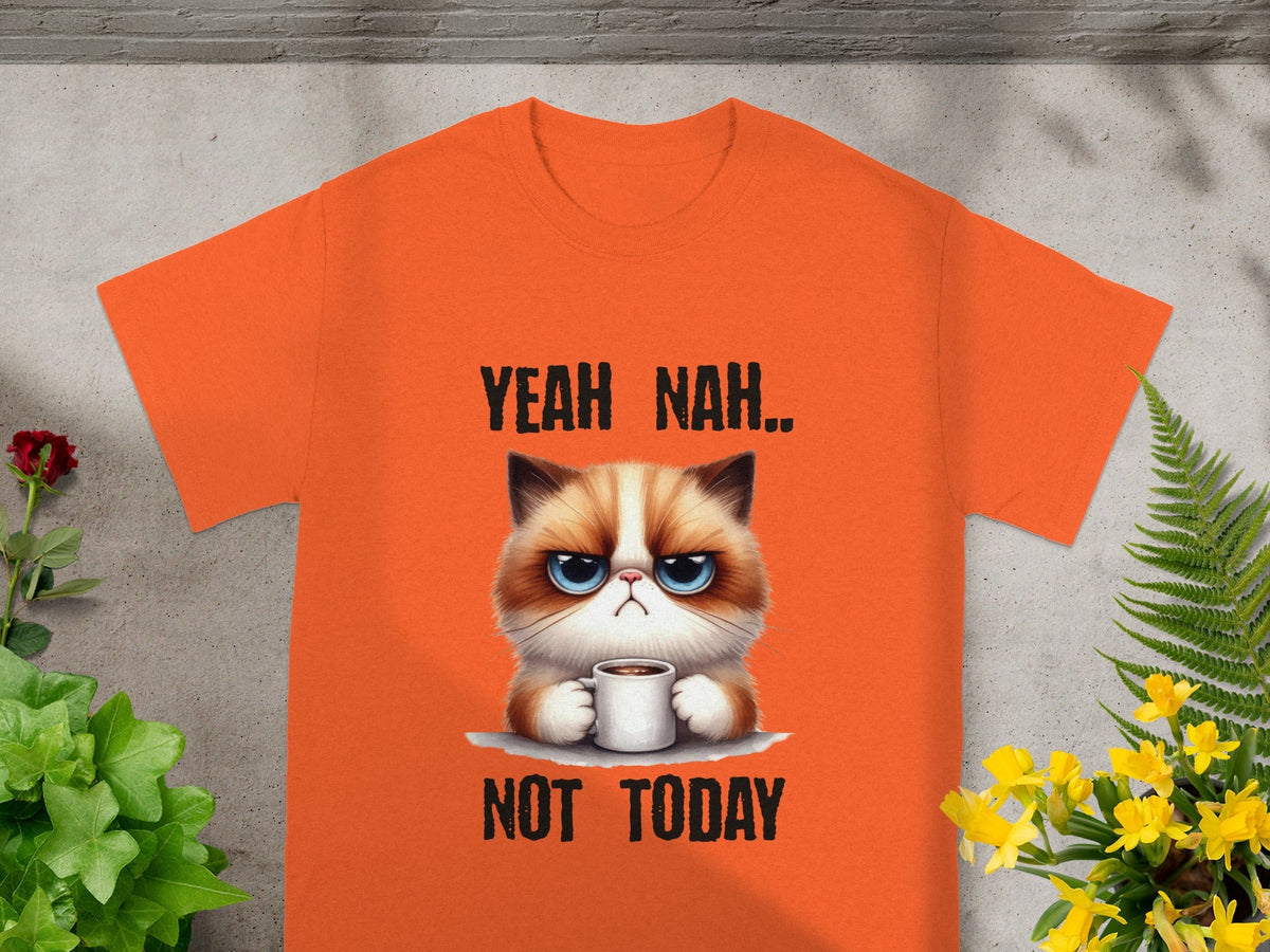 Yeah Nah Not Today Cat T-Shirt with Coffee Print