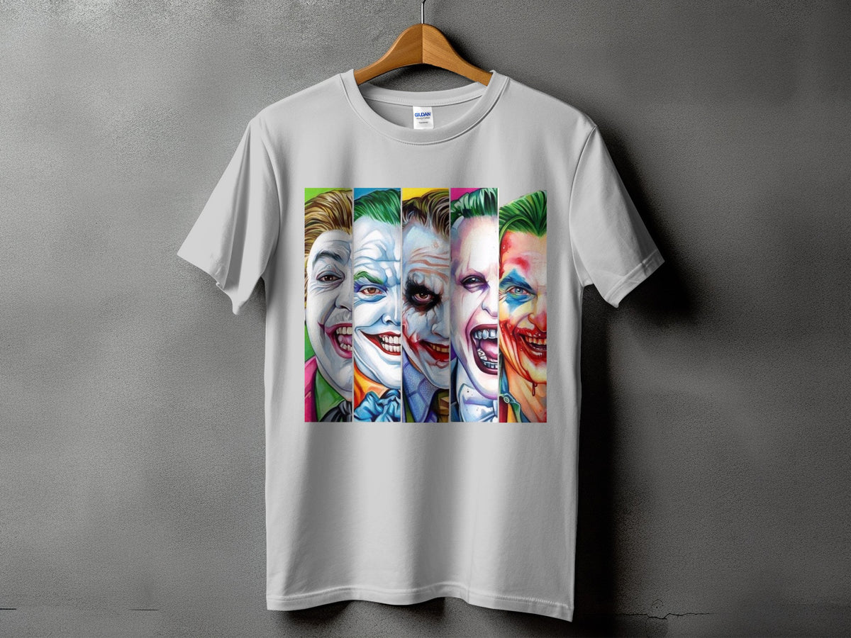 White t-shirt with a graphic of five different Joker faces in vertical panels.