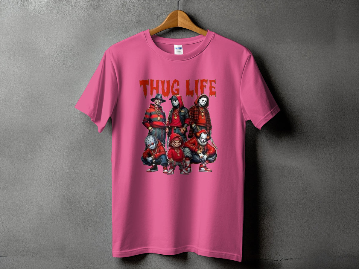 Pink t-shirt with "THUG LIFE" text and horror characters graphic.