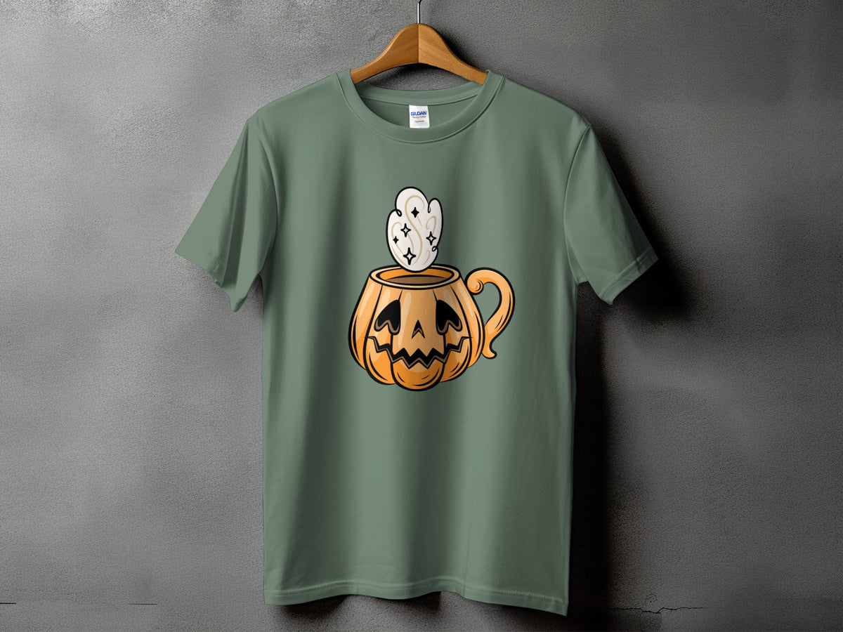 Green t-shirt with jack-o'-lantern mug graphic with steam and sparkles.