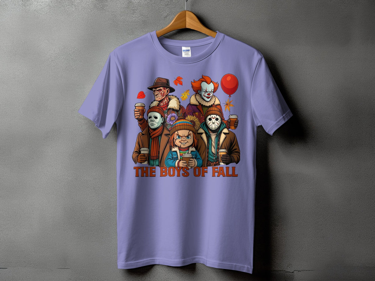 Horror characters with coffee mugs under the text "The Boys of Fall".