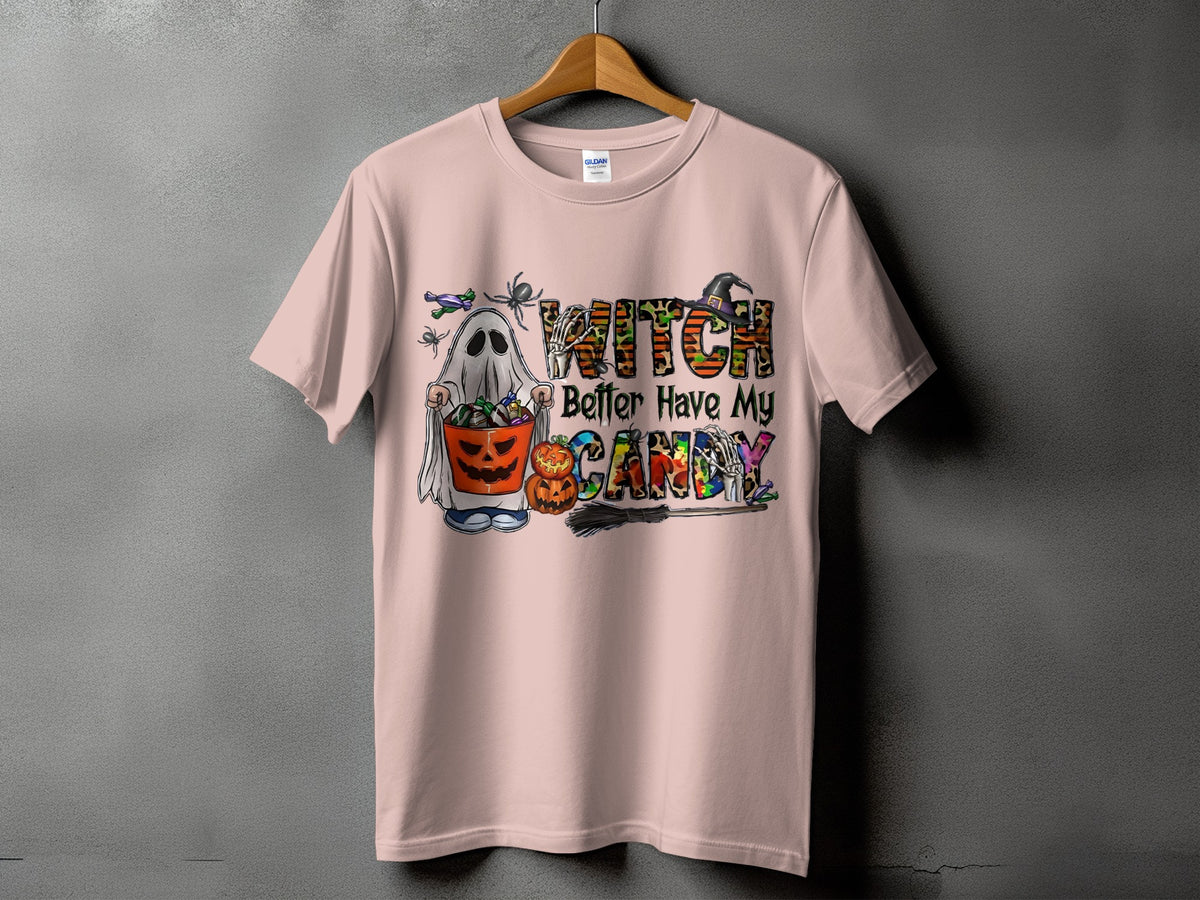 Ghost holding candy bucket, with witch, broom, and text "Witch Better Have My Candy".