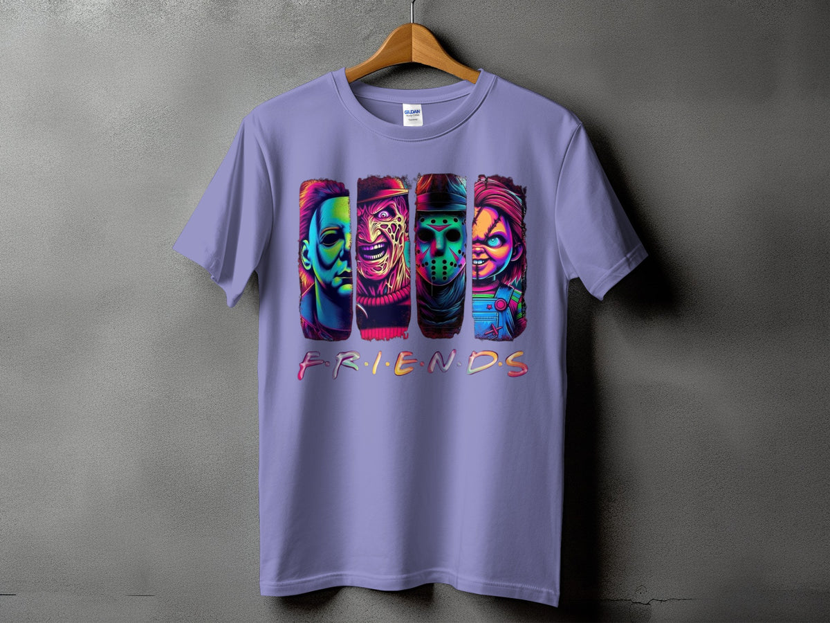 Purple t-shirt with "Friends" logo and horror characters: Michael Myers, Freddy Krueger, Jason Voorhees, Chucky.