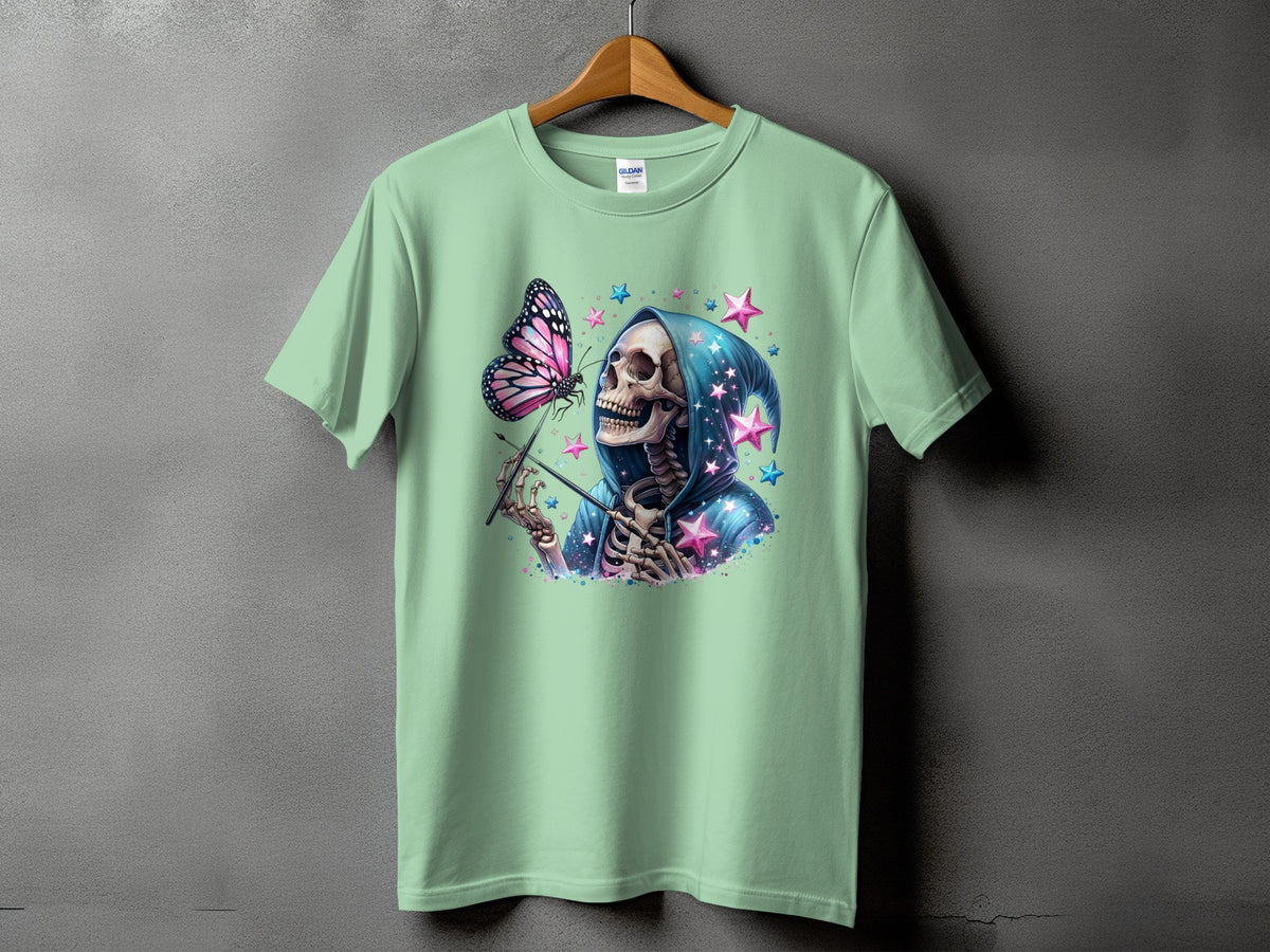 Skeleton with butterfly and stars on a light green t-shirt.