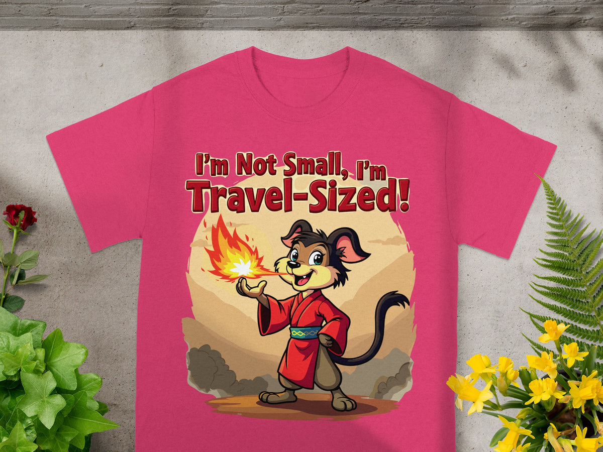 Dog in red robe breathing fire with text "I'm Not Small, I'm Travel-Sized!"