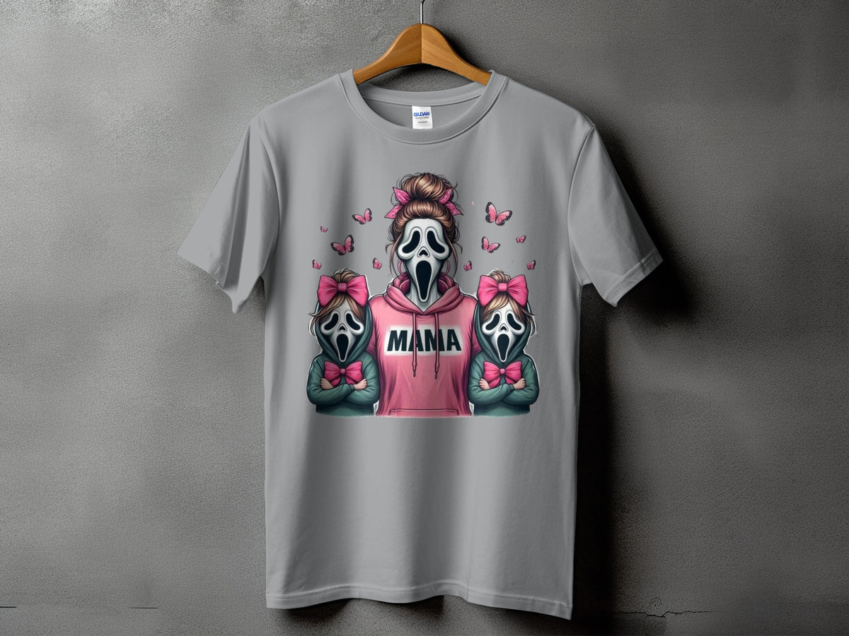 Grey t-shirt with "Mama" in block letters between two ghost figures.