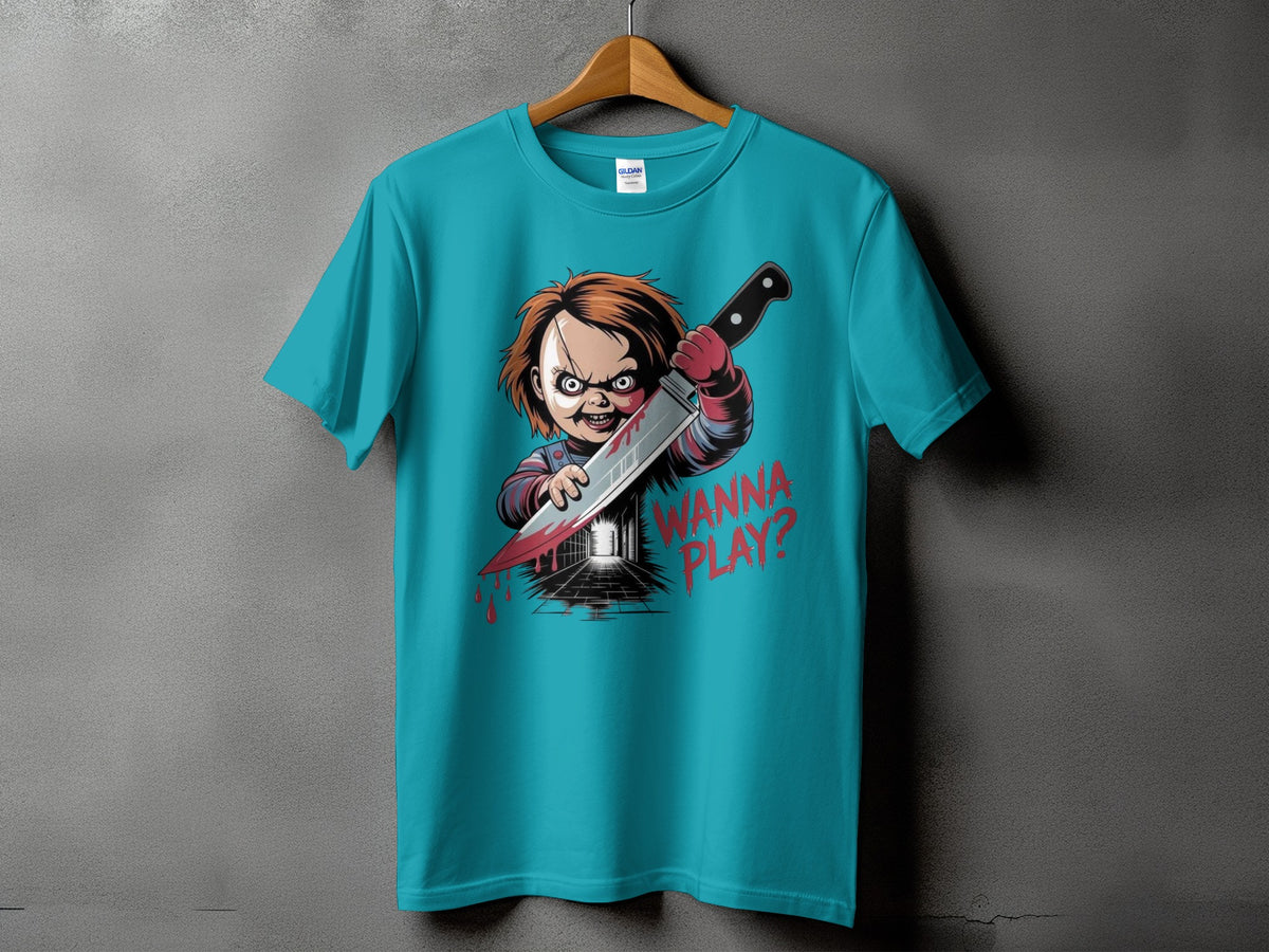 Chucky character on a teal t-shirt holding a bloody knife with text "Wanna Play?".