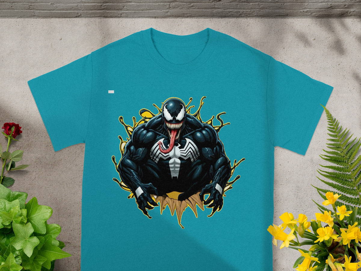 Teal t-shirt with Venom artwork and yellow splatters.