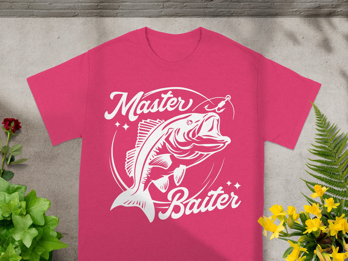Pink t-shirt with white "Master Baiter" text and jumping fish graphic.