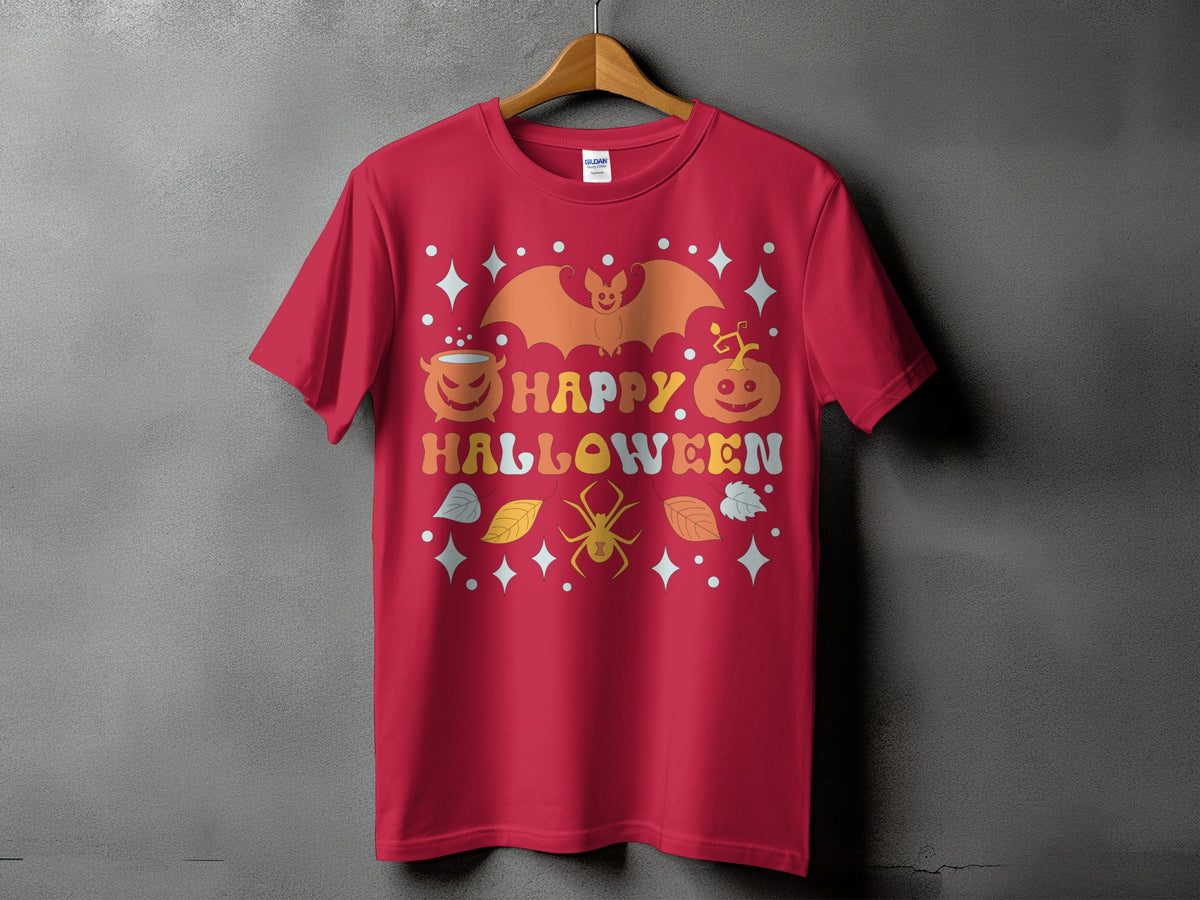 Red t-shirt with "Happy Halloween" text and cartoon bat, pumpkin, spider, and stars.