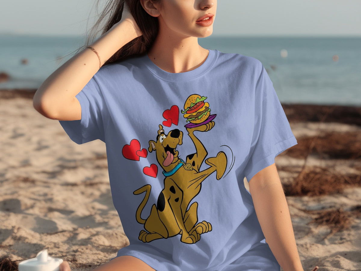 Classic Cartoon Dog with Burgers and Hearts Shirt