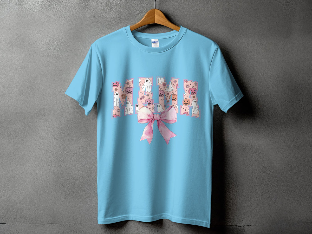 Light blue t-shirt with "MAMA" text filled with ghosts, pumpkins, and flowers.