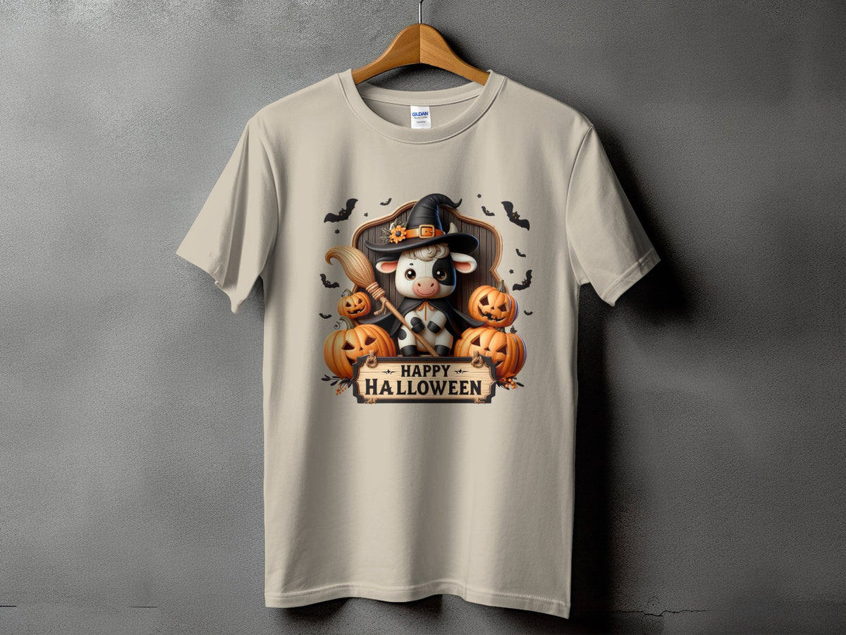 Cow wearing witch hat with pumpkins and "Happy Halloween" text.