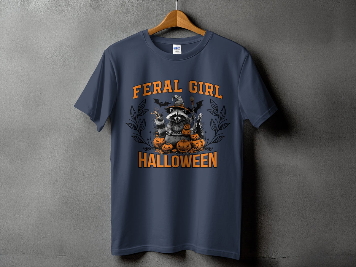 Feral Girl Halloween t-shirt design with raccoon, pumpkins, and bats.