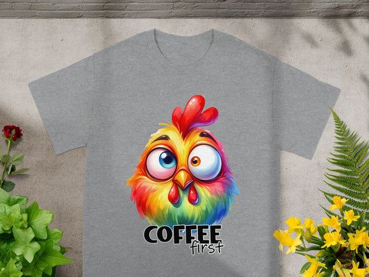 Colorful Chicken Design Coffee First Graphic T-shirt