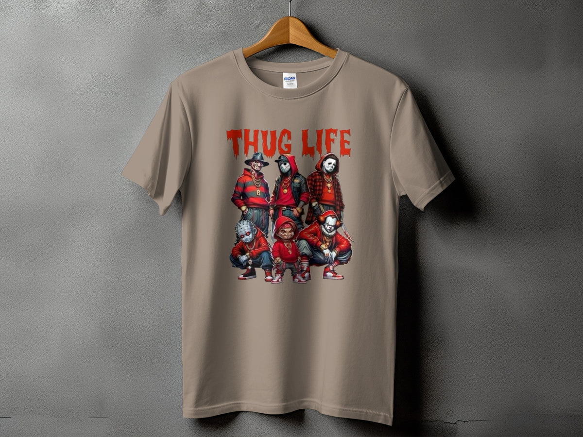 Brown t-shirt with "THUG LIFE" and horror character art.