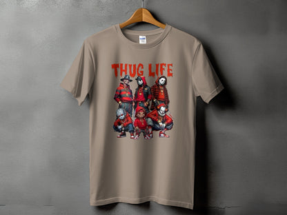 Brown t-shirt with "THUG LIFE" and horror character art.