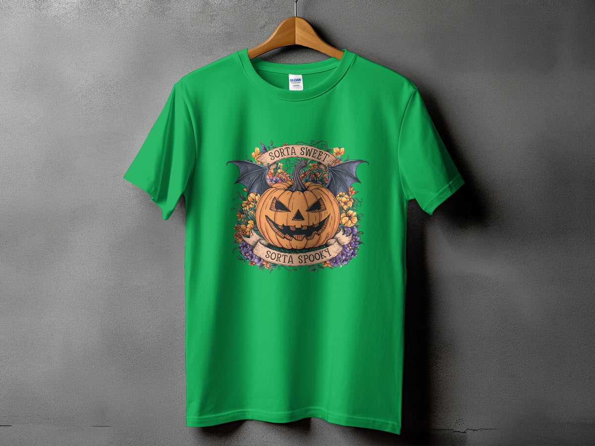 Green t-shirt with a jack-o'-lantern, bat wings, flowers, and text "Sorta Sweet Sorta Spooky".