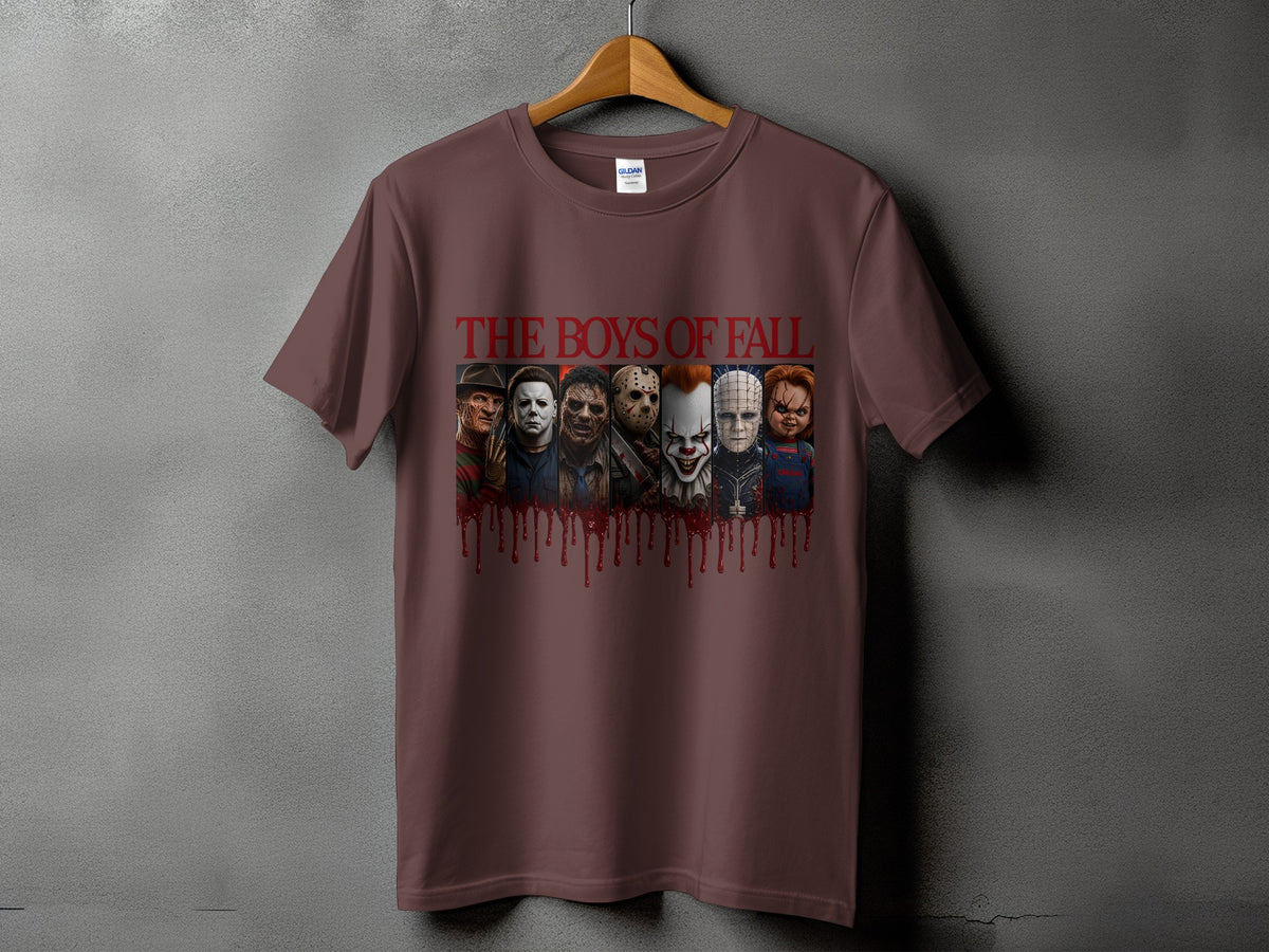 Brown t-shirt with "THE BOYS OF FALL" and horror characters graphic.