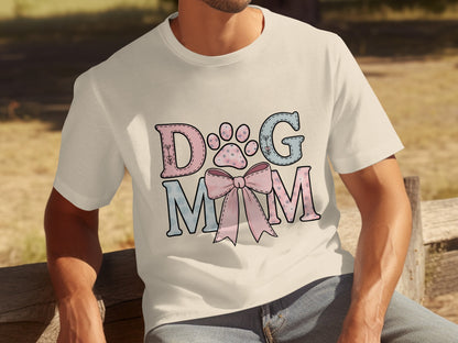 Cute Dog Mom T-Shirt with Pink Bow and Paw Print