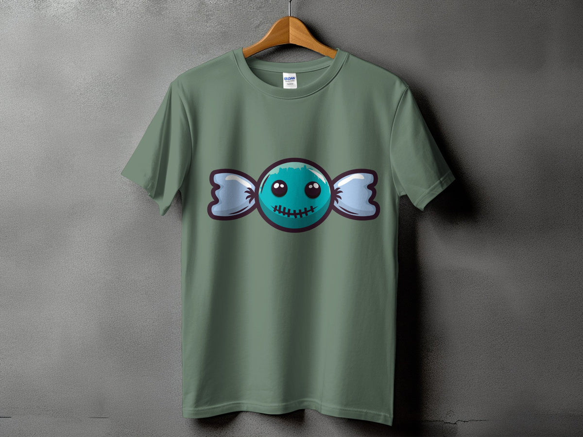 Green t-shirt with a teal candy graphic with stitches and cute eyes.