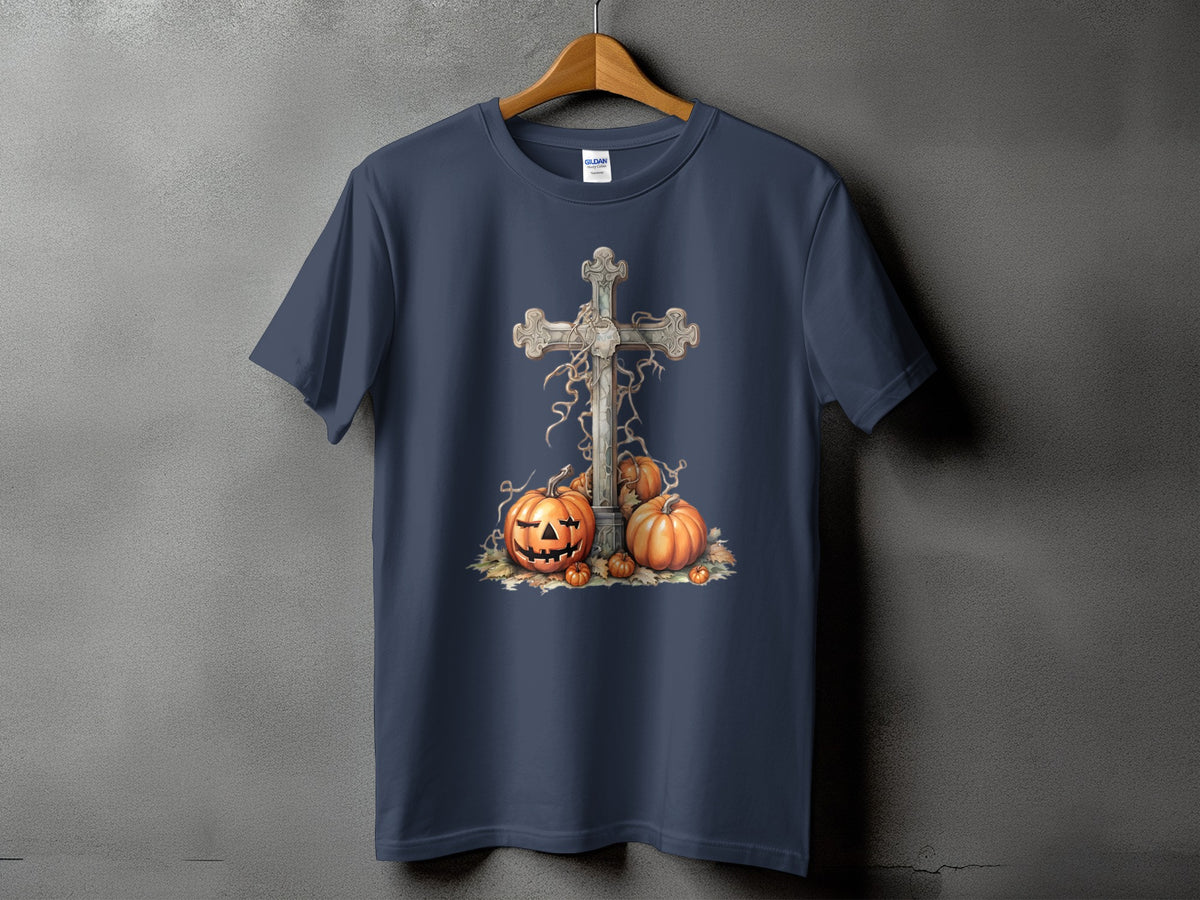 Navy t-shirt with a Halloween graphic of a cross and pumpkins.