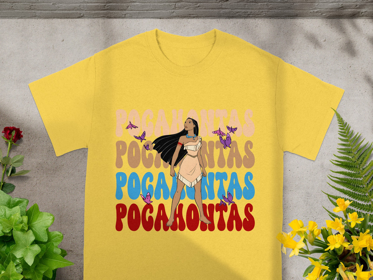 Yellow t-shirt with "Pocahontas" text and a graphic of Pocahontas.