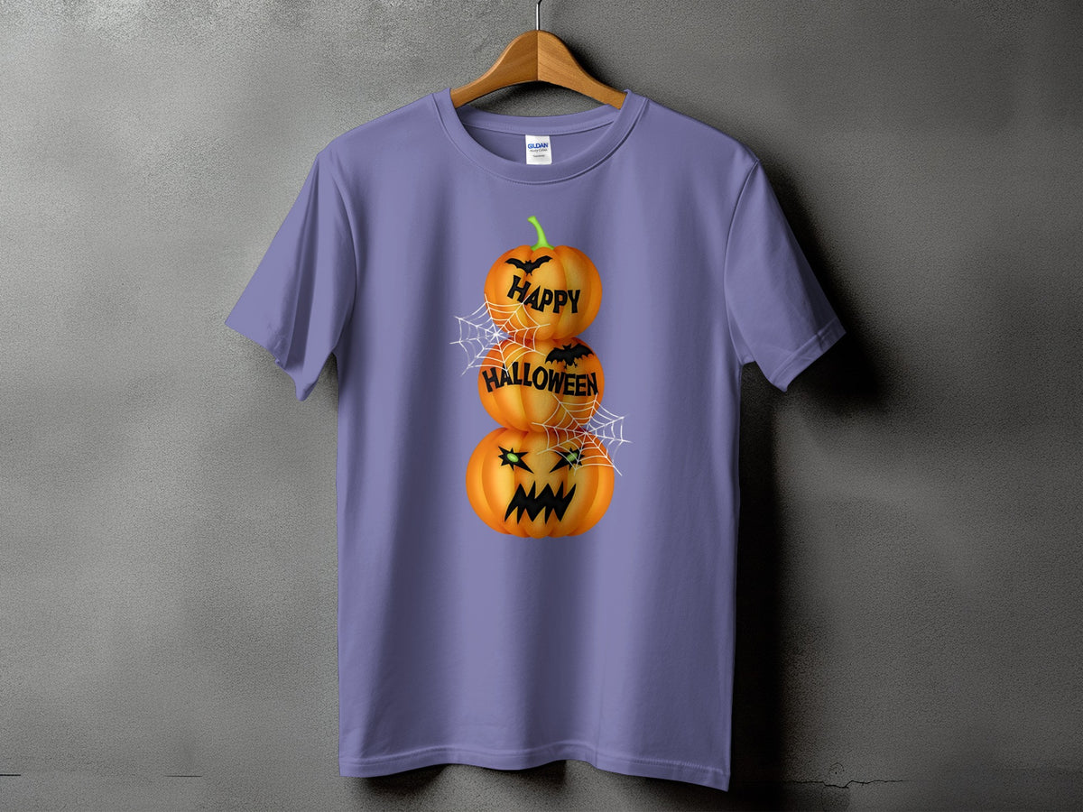 Lavender t-shirt with stacked jack-o'-lanterns and text "Happy Halloween".