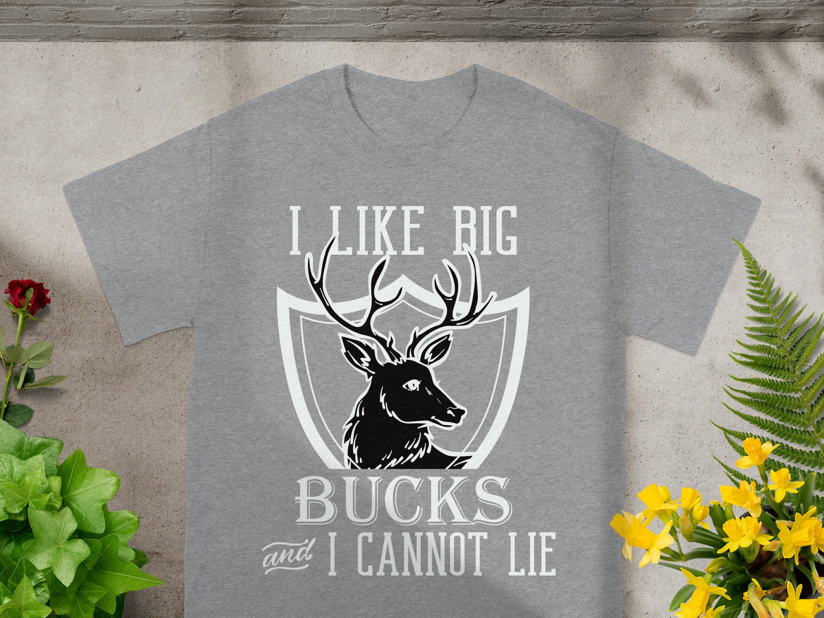 Gray t-shirt with "I LIKE BIG BUCKS and I CANNOT LIE" text and deer graphic.