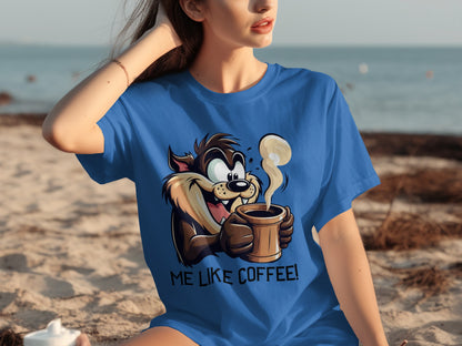 Me Like Coffee Cartoon Blue Graphic Tee shirt
