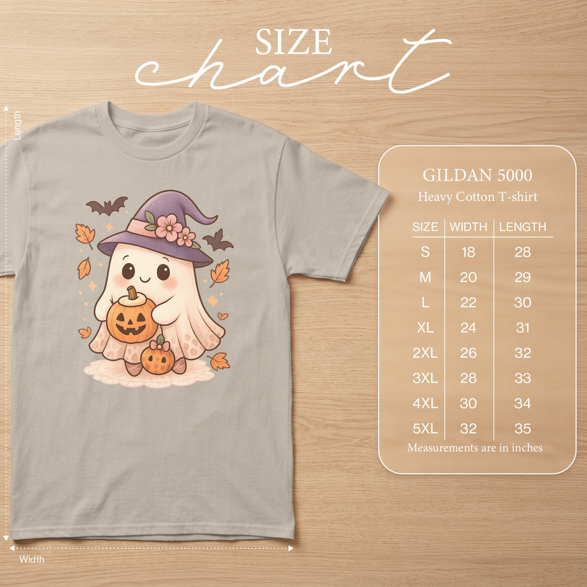 Gildan 5000 Heavy Cotton T-shirt size chart with cute Halloween ghost graphic.