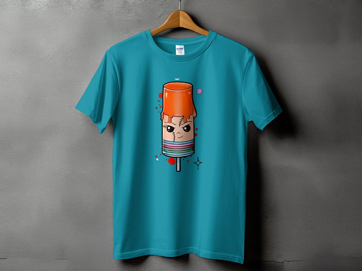 Teal t-shirt with a cartoon popsicle graphic featuring a face and dripping orange top.