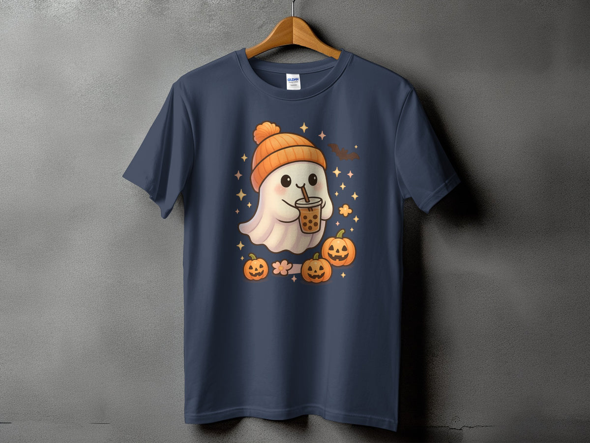T-shirt with a cute ghost wearing a beanie holding bubble tea and surrounded by pumpkins.