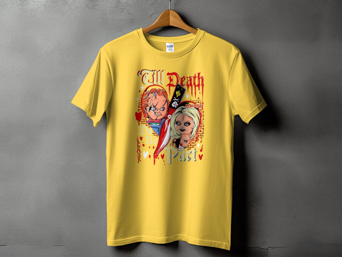 Yellow t-shirt with Chucky and Tiffany dolls and the text "Till Death Do Us Part".