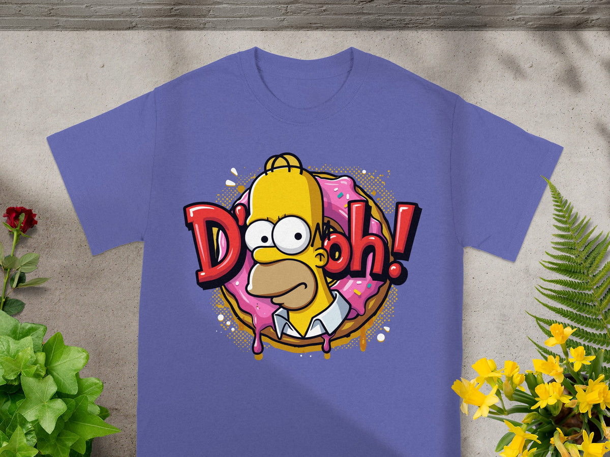 Homer Simpson saying "D'oh!" with a donut on a purple t-shirt.