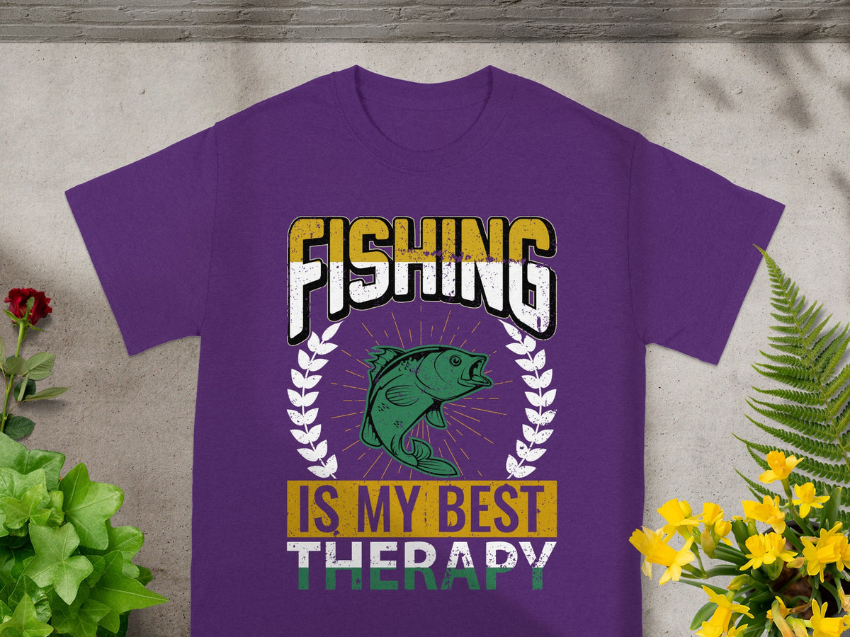 Purple t-shirt with "FISHING IS MY BEST THERAPY" text and fish graphic.