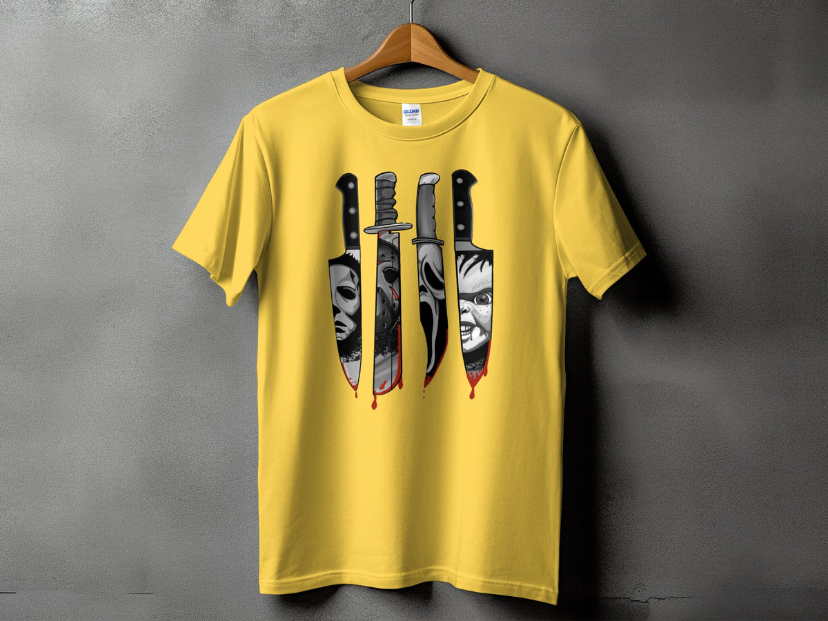 Yellow t-shirt with horror movie character knives and dripping blood graphic.