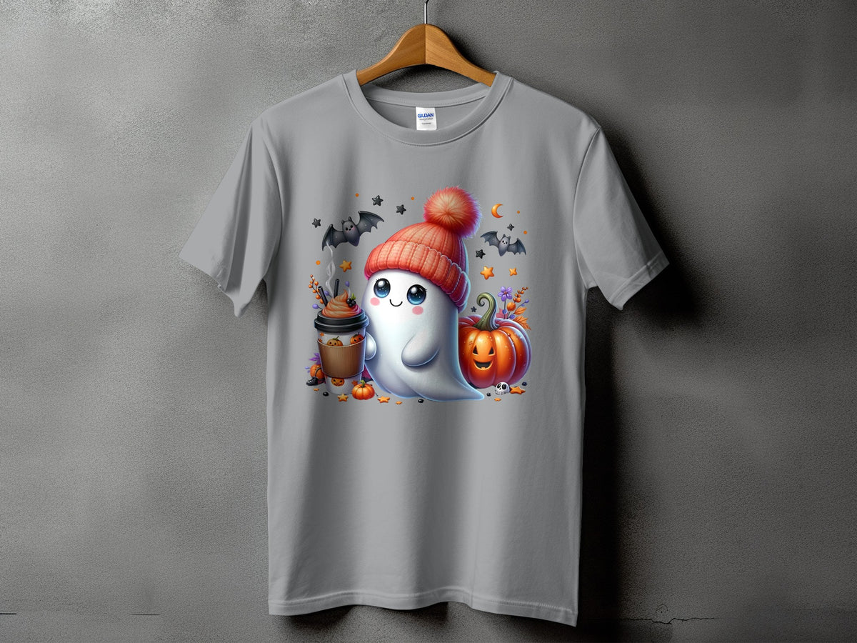 Cute ghost wearing a beanie holds coffee next to a pumpkin.