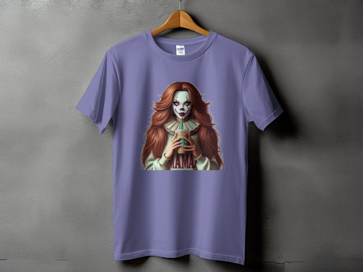 Purple t-shirt with a graphic of a clown holding a Starbucks drink and "MAMA" text.