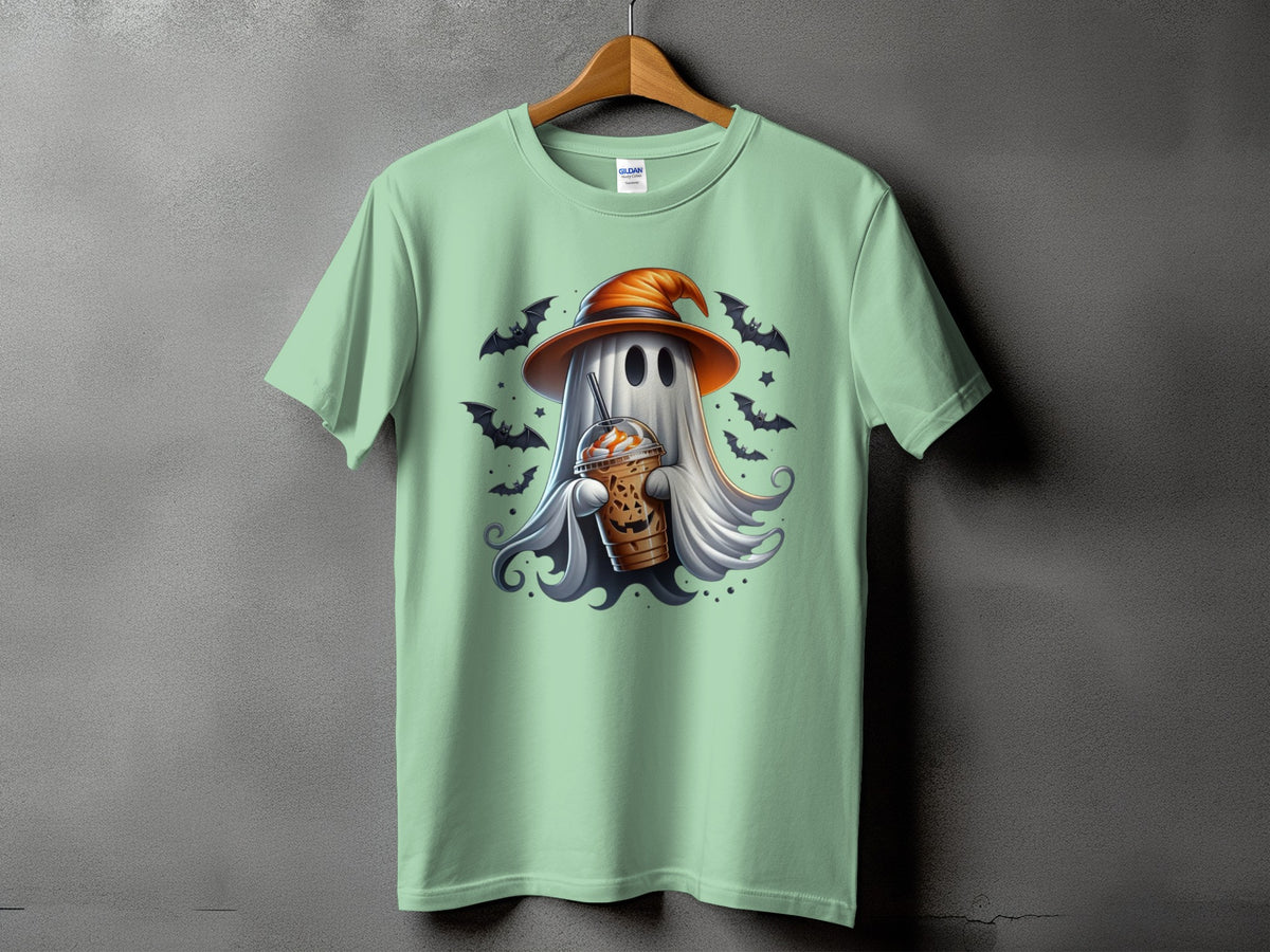 Ghost wearing witch hat holding coffee with bats and stars on a light green t-shirt.