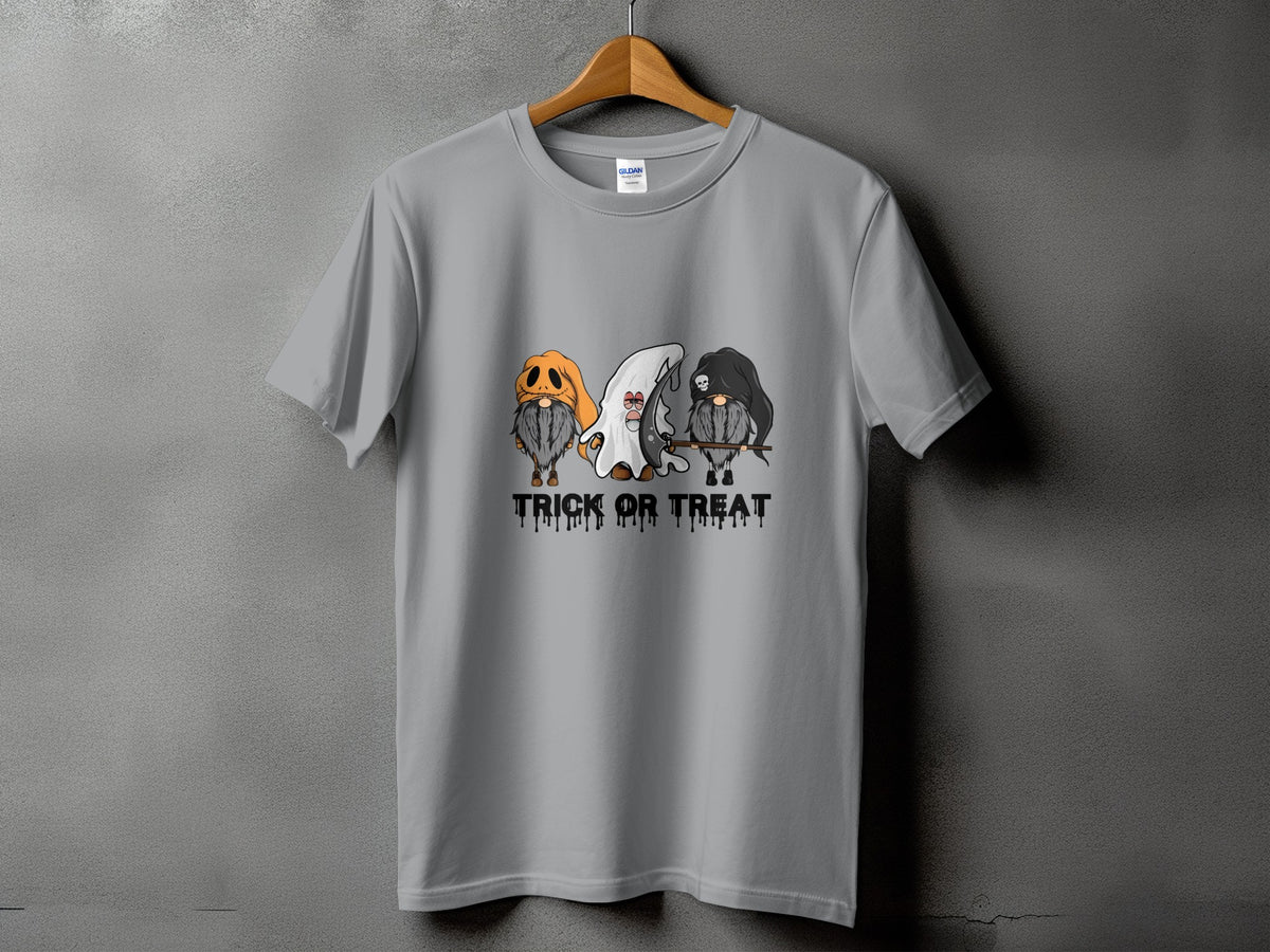 Grey t-shirt with three gnomes dressed for Halloween and the text "Trick or Treat".
