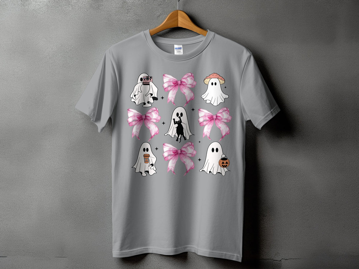 Grey t-shirt with a nine-panel graphic featuring ghosts, pink bows, a cat, and Halloween icons.