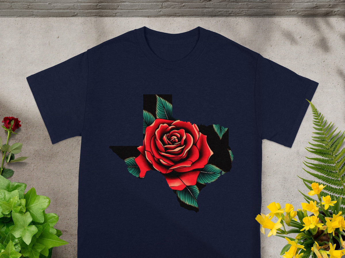 Navy t-shirt with a Texas shape filled with a red rose and green leaves.