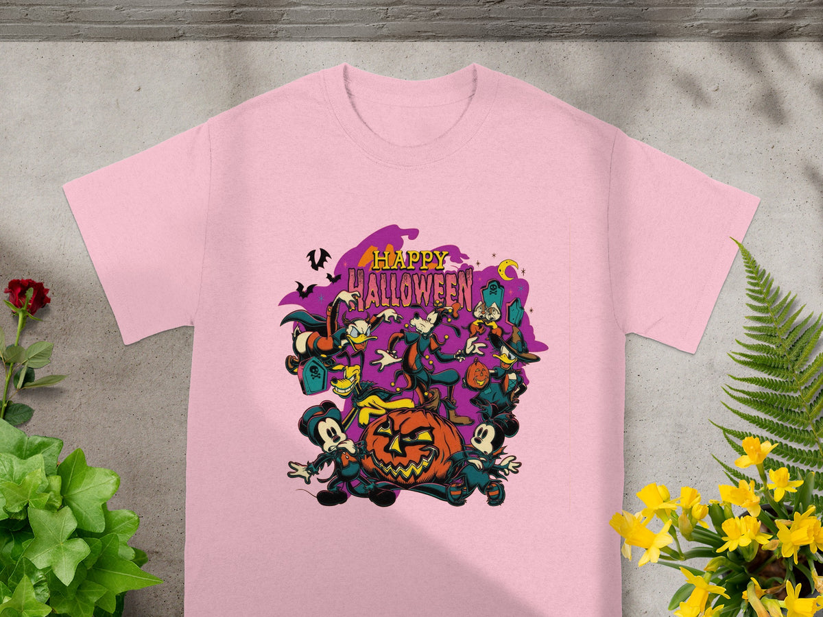 Pink t-shirt with Disney characters celebrating Happy Halloween around a jack-o'-lantern.
