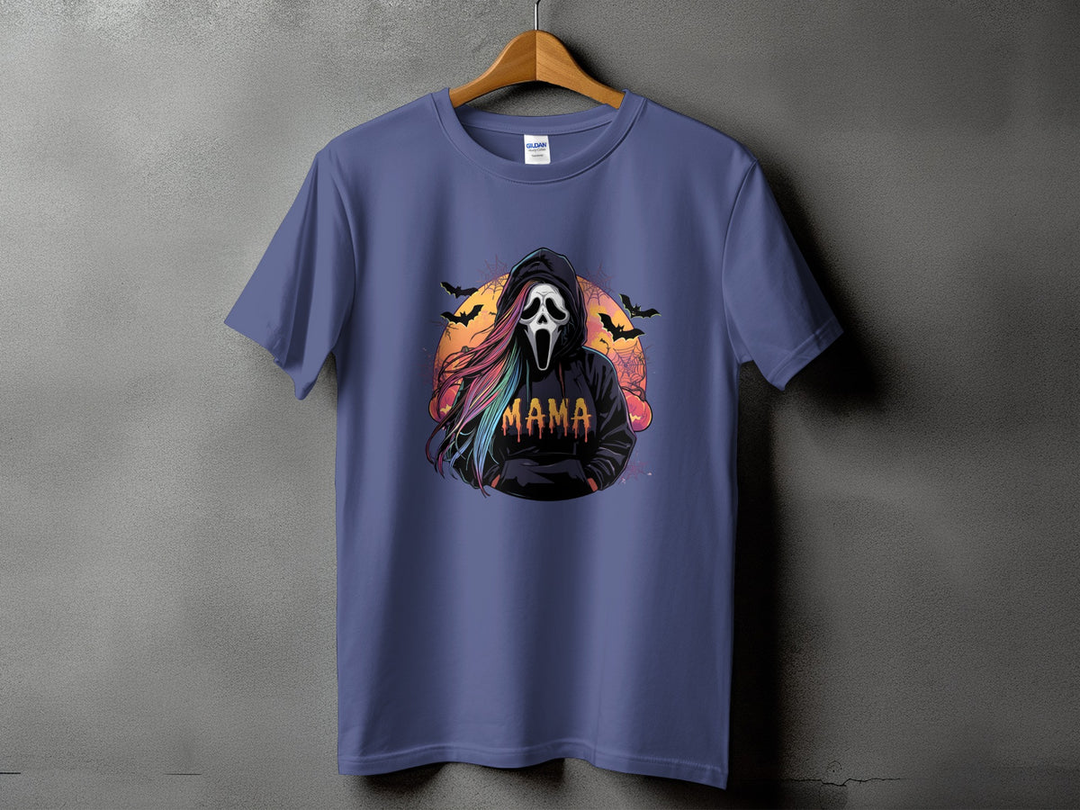 T-shirt with a ghostface design and "Mama" text in dripping letters.