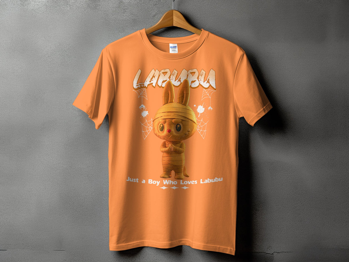 Orange t-shirt with Labubu character and text "Just a Boy Who Loves Labubu".