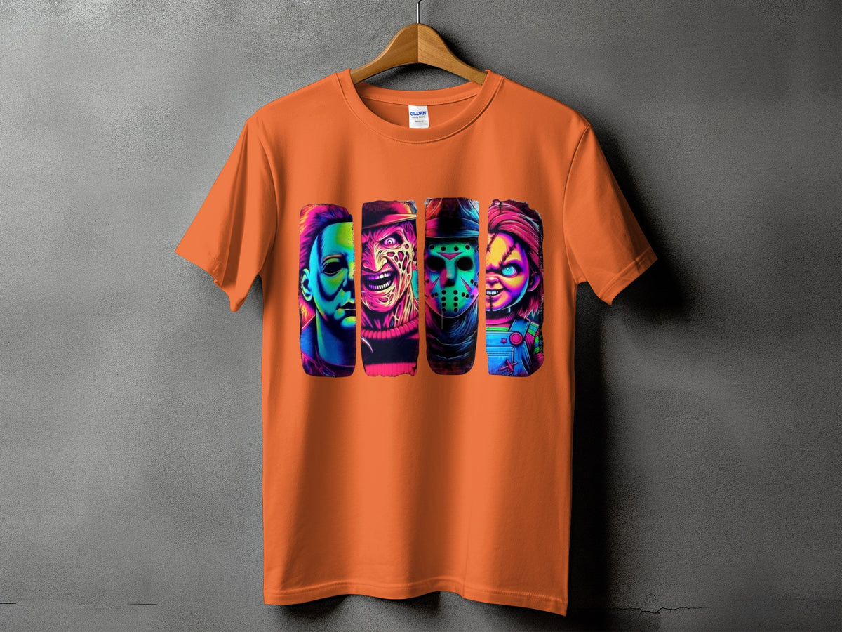 Orange t-shirt with graphic of four horror villains: Michael Myers, Freddy Krueger, Jason Voorhees, and Chucky.