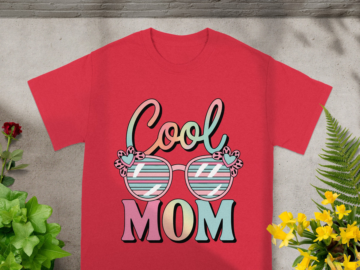 Red t-shirt with "Cool MOM" text and sunglasses graphic.