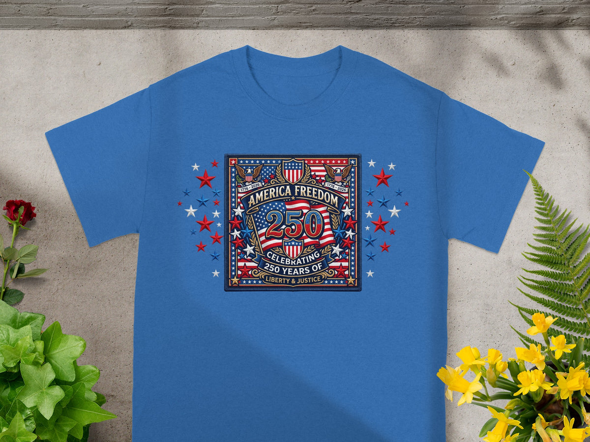 Blue t-shirt with "America Freedom 250 Years of Liberty & Justice" patriotic design.